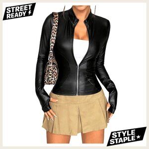 Faux Leather Jacket Slim Fit Aviator Style Zipper Front Winter Coat Outerwear